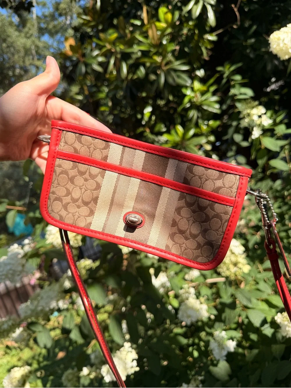 Coach Tan Signature Canvas Crossbody with Red Trim